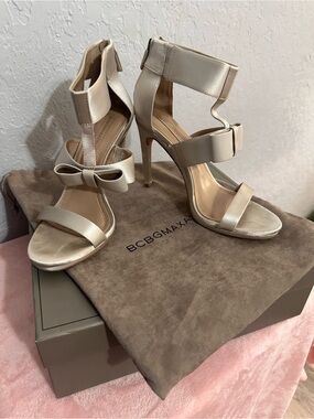 BCBG Ivory Satin Bow Ankle-Strap High Heels